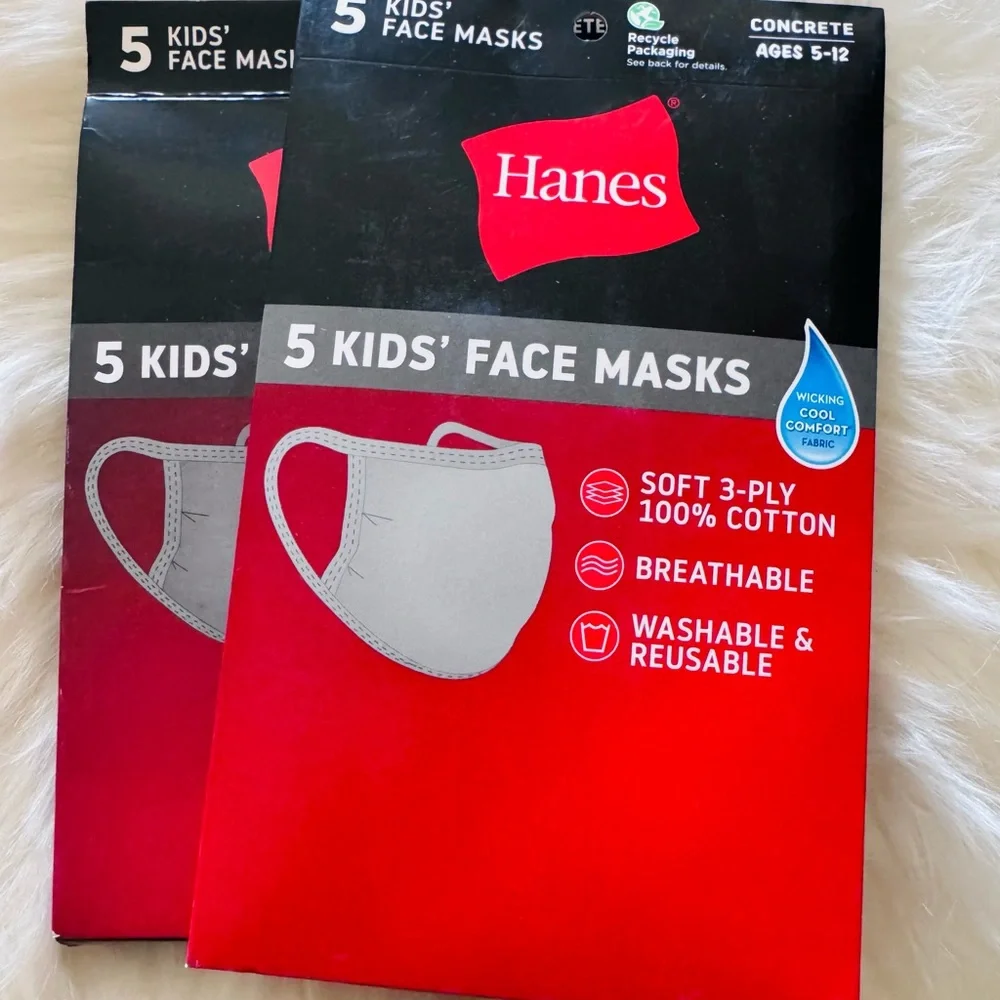 Hanes Cotton Kids' Face Masks - Soft Gray-2 packs of 5 NIB